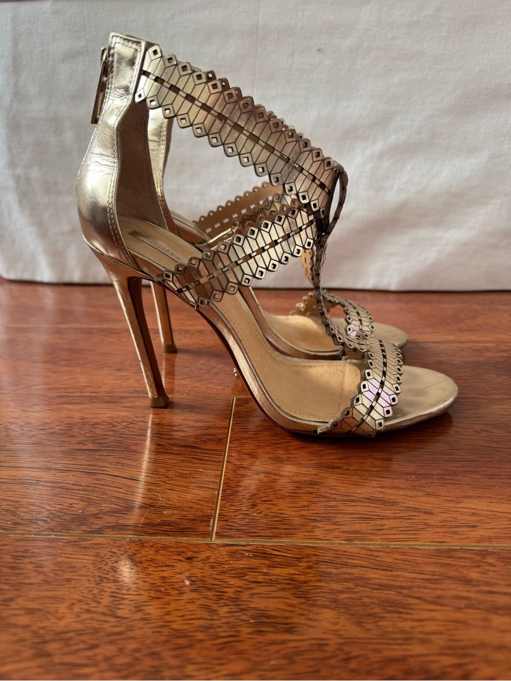 SCHUTZ Metallic Gold Laser-Cut Strappy Stiletto Sandals